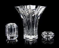 Three Baccarat Glass Table Articles Height of tallest 8 inches.