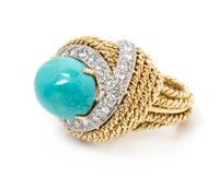 An 18 Karat Yellow Gold, Platinum, Turquoise and Diamond Ring, David Webb, 15.70 dwts.