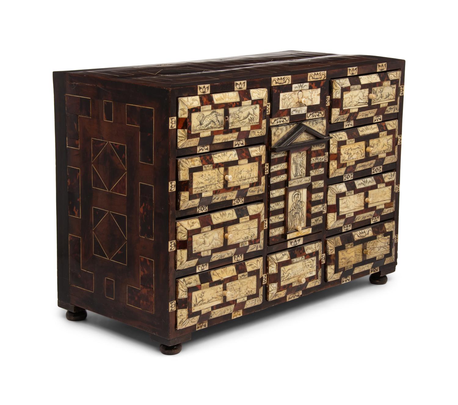 A Spanish Bone and Tortoiseshell-Inlaid Hardwood Table Cabinet