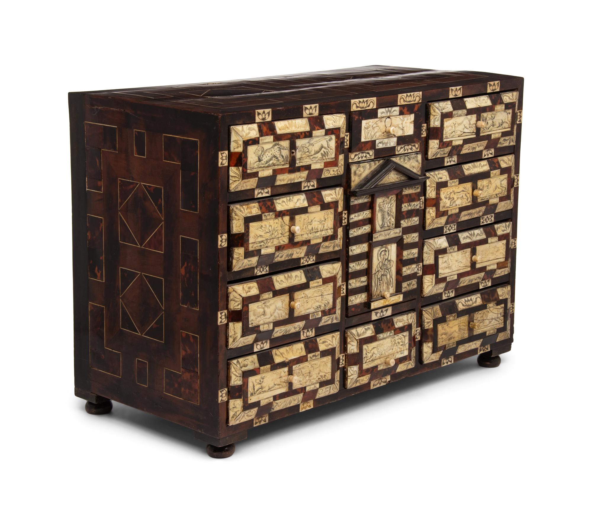A Spanish Bone and Tortoiseshell-Inlaid Hardwood Table Cabinet