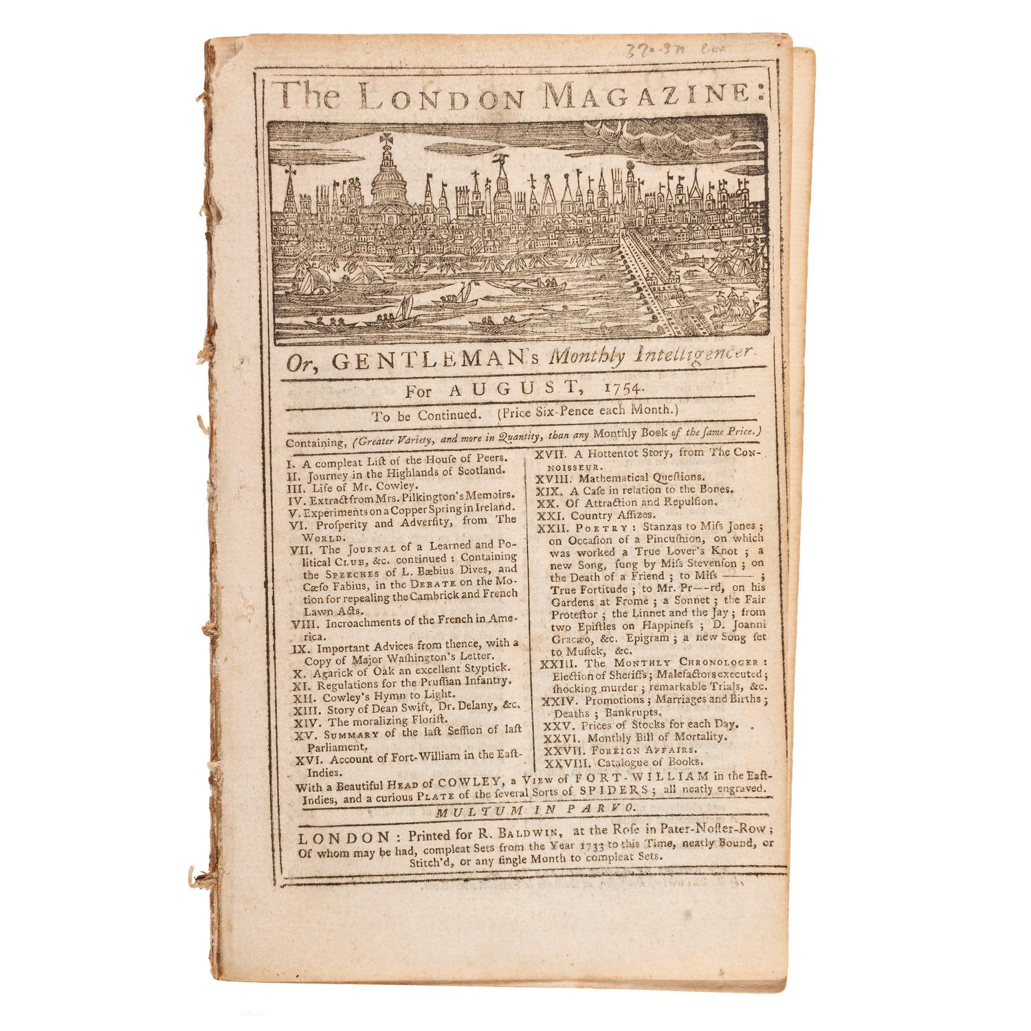 [FRENCH & INDIAN WAR - BATTLE OF JUMONVILLE GLEN]. The London Magazine: Or, Gentleman's Monthly Intelligencer . London: R. Baldwin, August 1754.