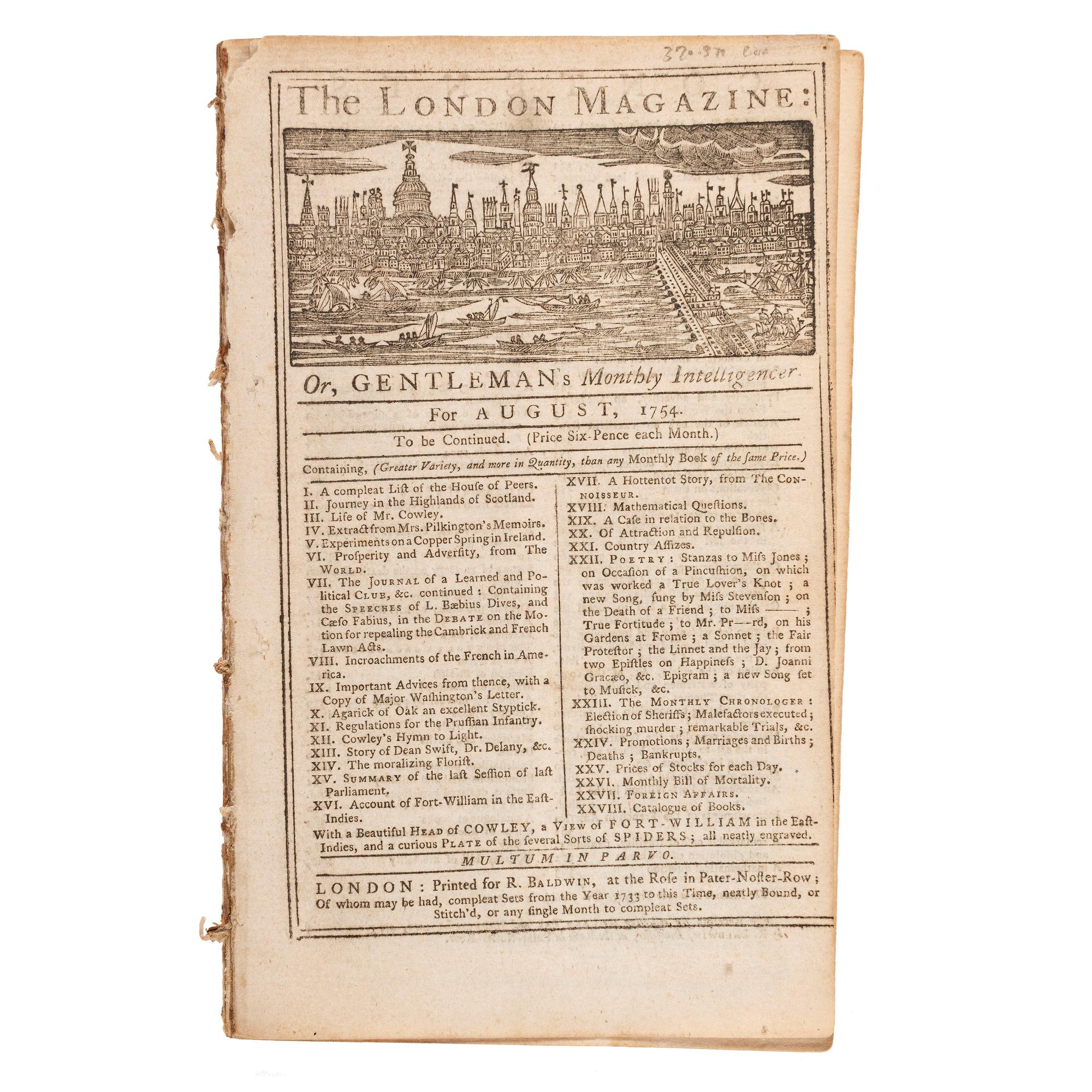[FRENCH & INDIAN WAR - BATTLE OF JUMONVILLE GLEN]. The London Magazine: Or, Gentleman's Monthly Intelligencer . London: R. Baldwin, August 1754.