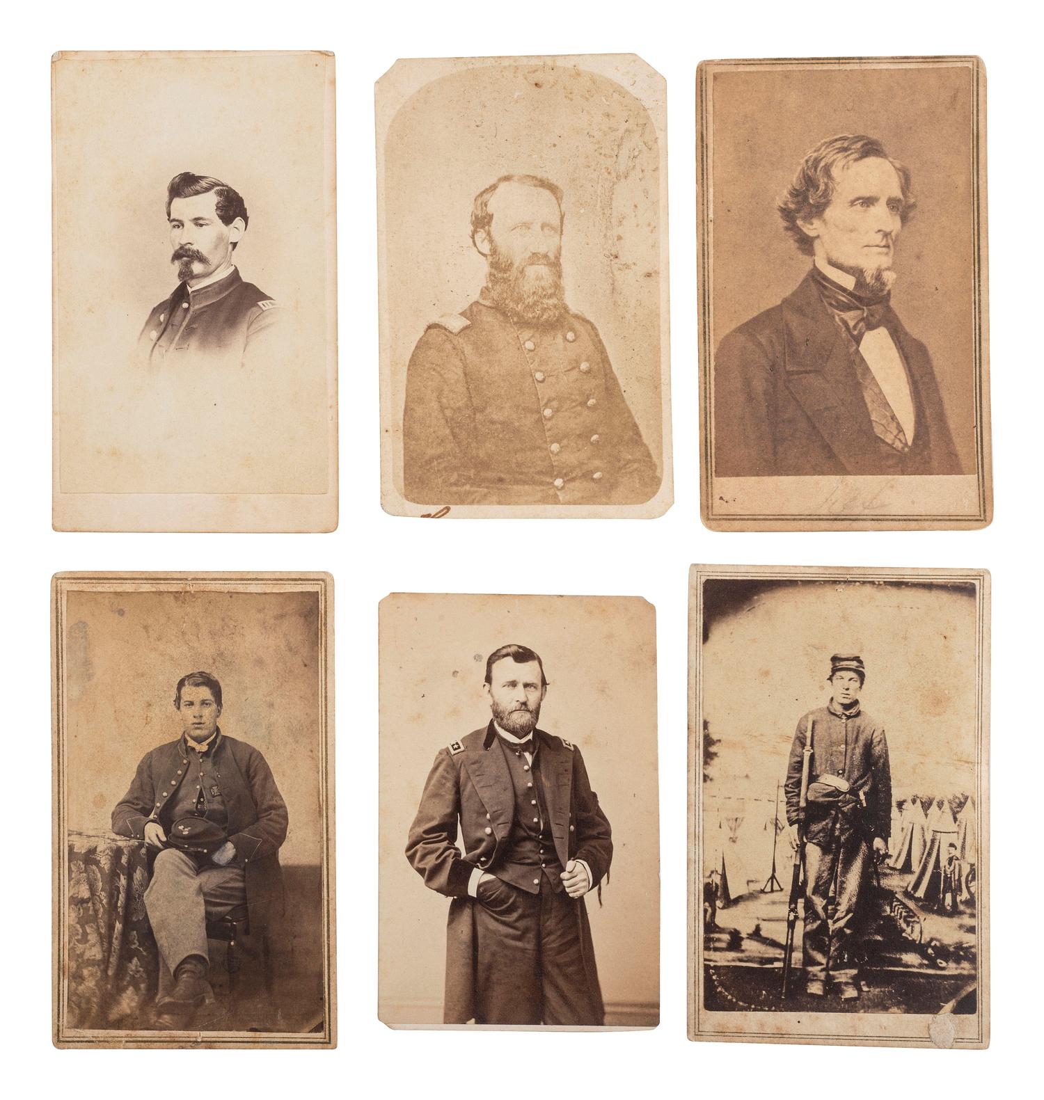 [CIVIL WAR]. A group of 6 CDVs of Civil War personalities, incl. Jefferson Davis, Ulysses S. Grant, and soldier tentatively identified as Corvette E. Lewis, 32nd Massachusetts Infantry, WIA Laurel Hill, VA.
