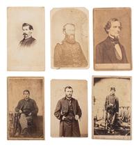 [CIVIL WAR]. A group of 6 CDVs of Civil War personalities, incl. Jefferson Davis, Ulysses S. Grant, and soldier tentatively identified as Corvette E. Lewis, 32nd Massachusetts Infantry, WIA Laurel Hill, VA.