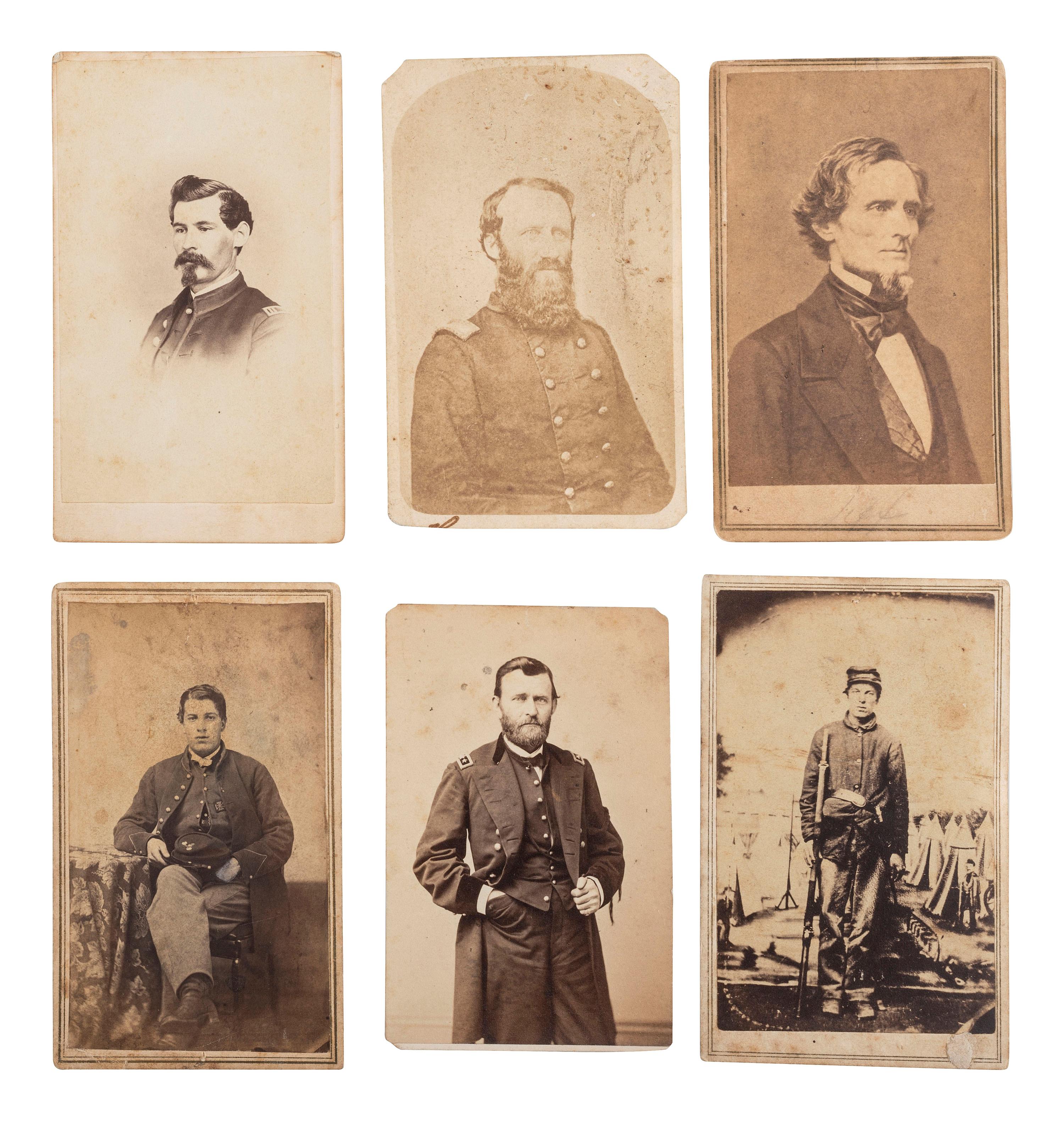 [CIVIL WAR]. A group of 6 CDVs of Civil War personalities, incl. Jefferson Davis, Ulysses S. Grant, and soldier tentatively identified as Corvette E. Lewis, 32nd Massachusetts Infantry, WIA Laurel Hill, VA.
