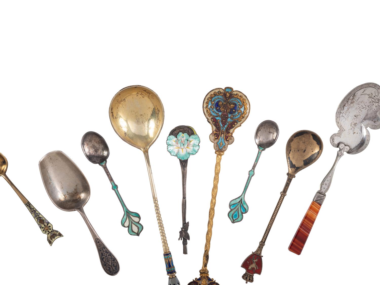 Seventeen Enameled Silver and Silver Gilt Serving Spoons and Souvenir Spoons