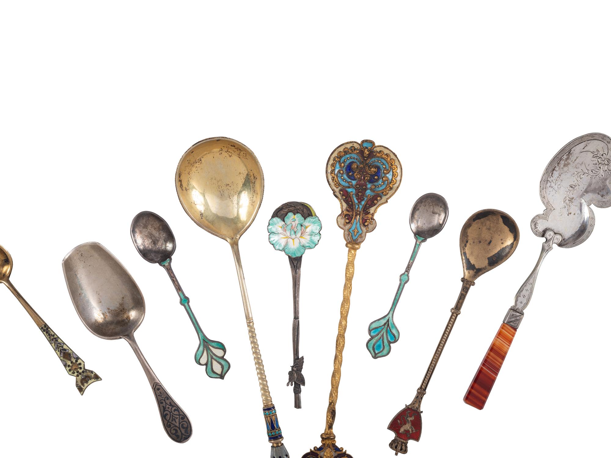 Seventeen Enameled Silver and Silver Gilt Serving Spoons and Souvenir Spoons