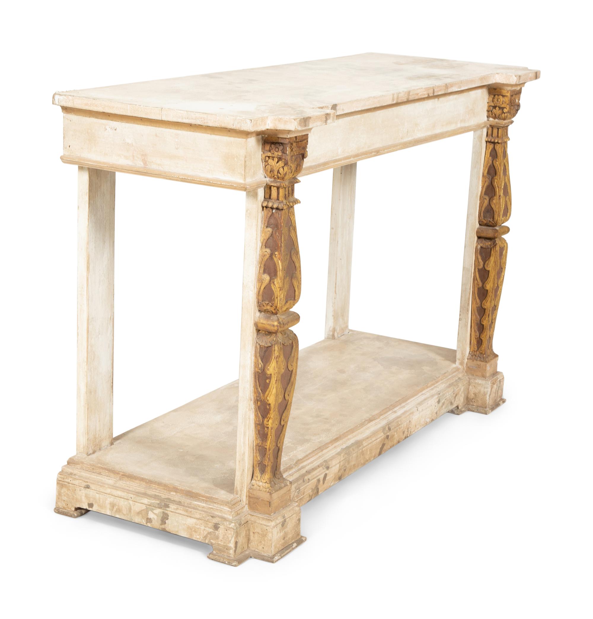 A Pair of French Neoclassical Painted and Parcel Gilt Pier Tables