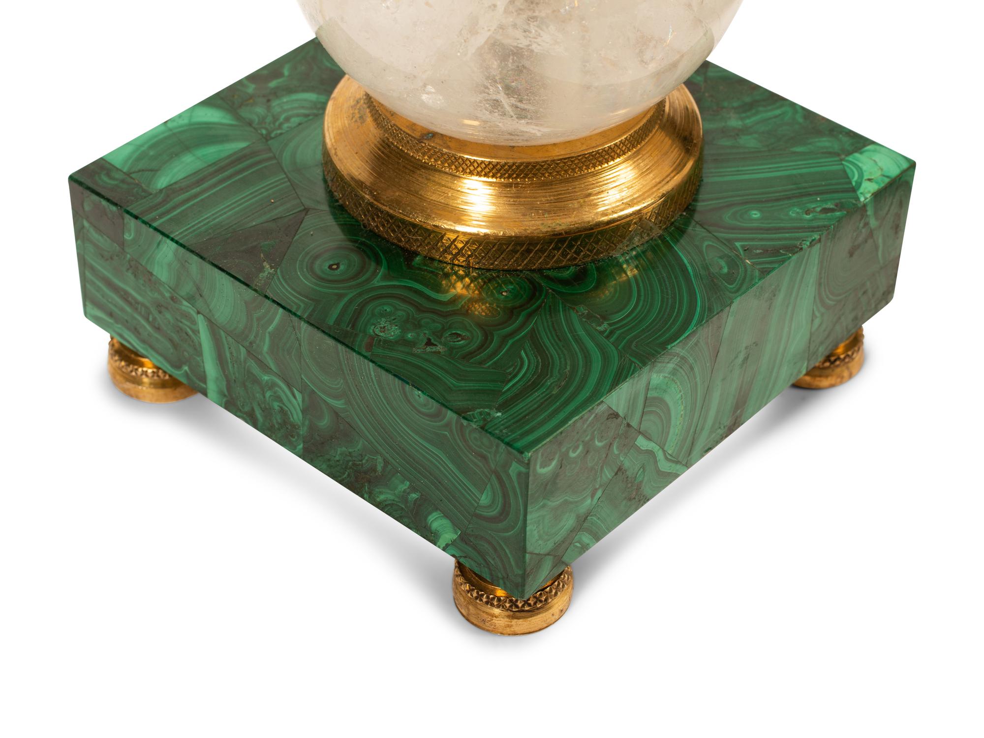 A Pair of Rock Crystal Lamps with Malachite Bases