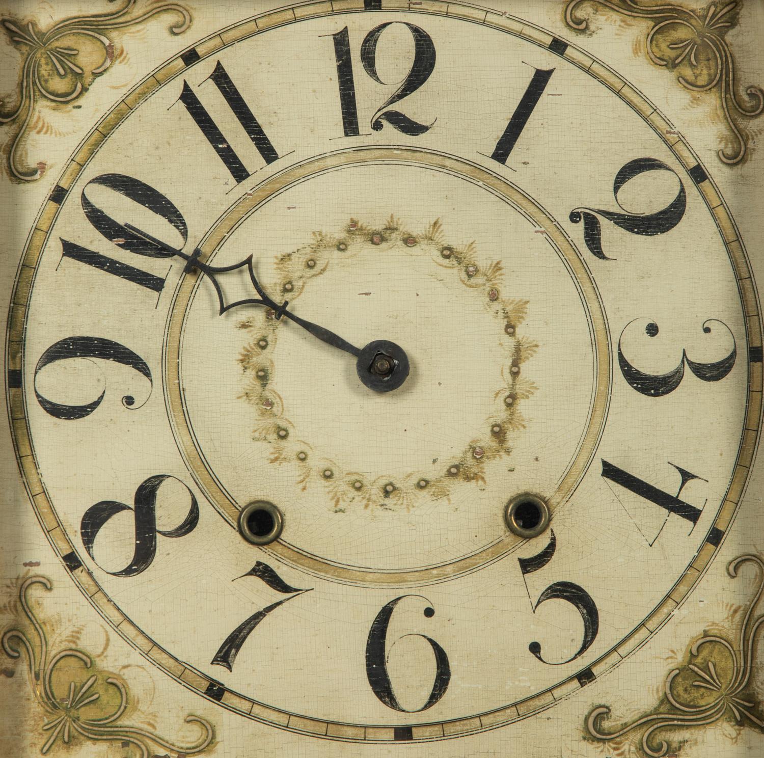 A Federal Mahogany and Reverse Painted Glass Inset Pillar and Scroll Mantle Clock — 19TH CENTURY
