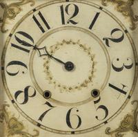 A Federal Mahogany and Reverse Painted Glass Inset Pillar and Scroll Mantle Clock — 19TH CENTURY