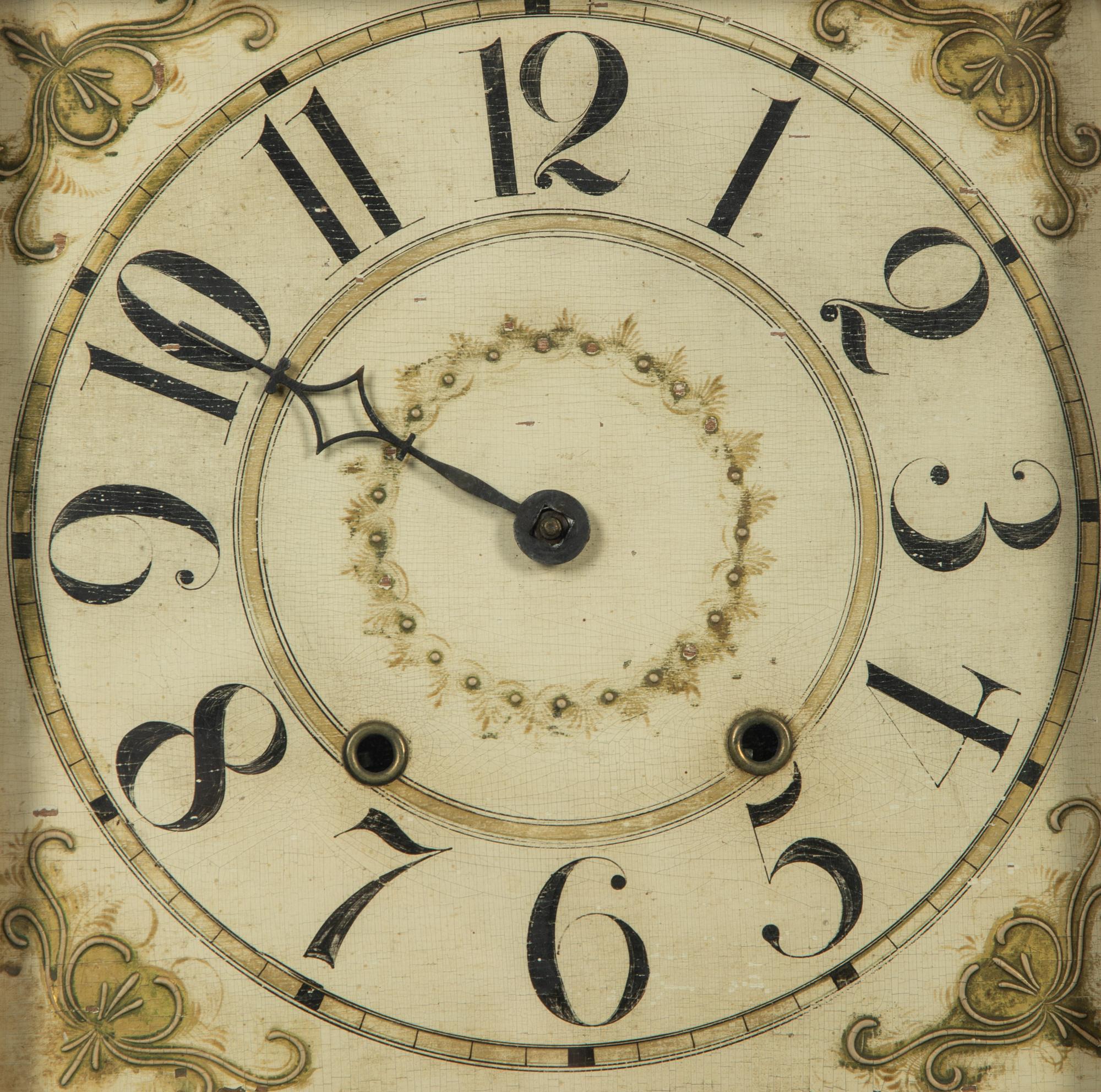 A Federal Mahogany and Reverse Painted Glass Inset Pillar and Scroll Mantle Clock — 19TH CENTURY