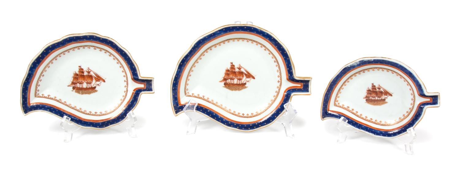 A Set of Three Chinese Export Leaf-Form Dishes Length of largest in 9 inches.