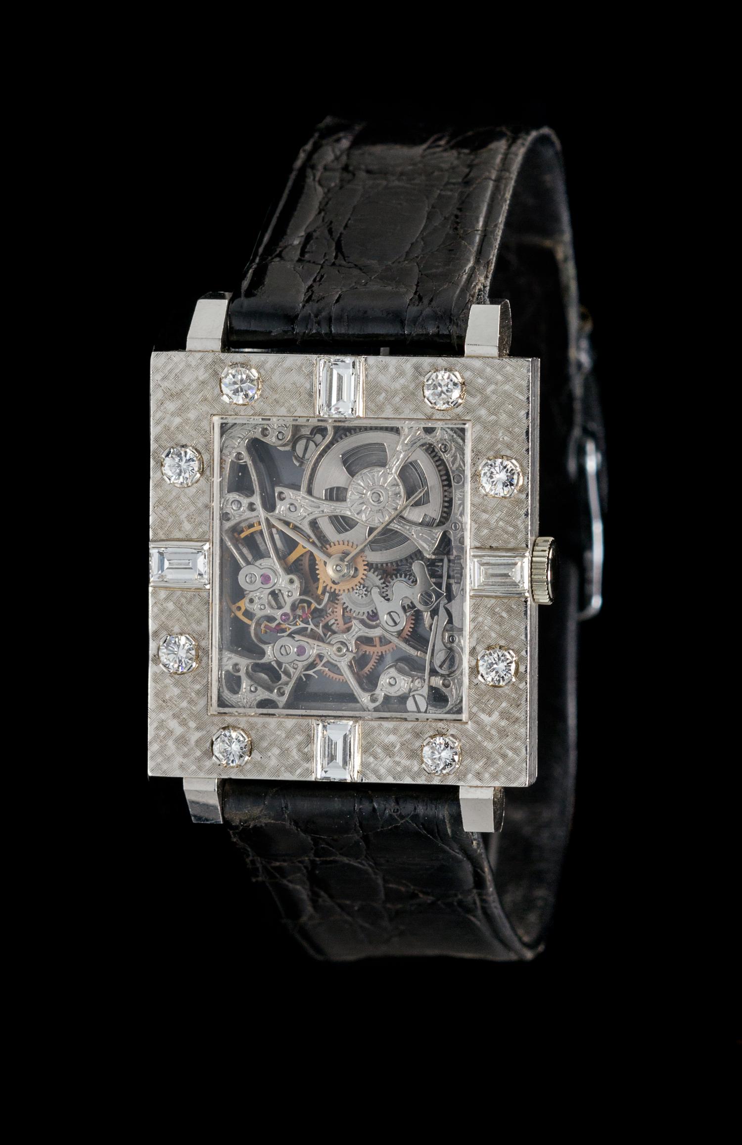 A Platinum and Diamond Skeleton Wristwatch,
