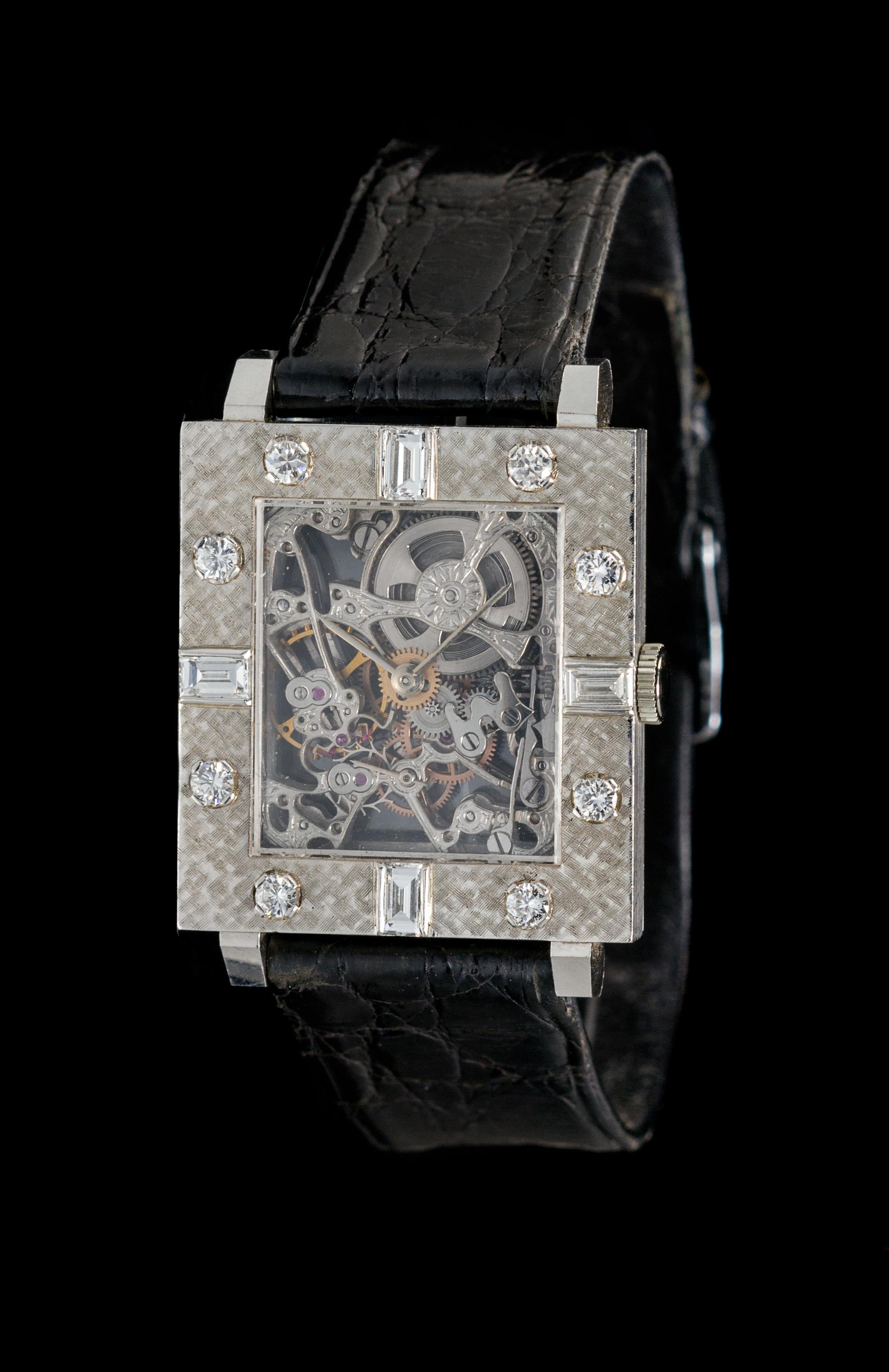 A Platinum and Diamond Skeleton Wristwatch,