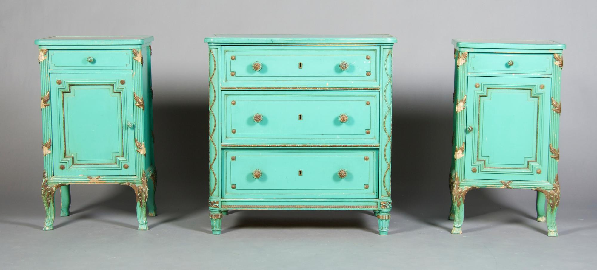 A Partial Louis XVI Style Painted Bedroom Suite, Height of first 29 1/2 inches.