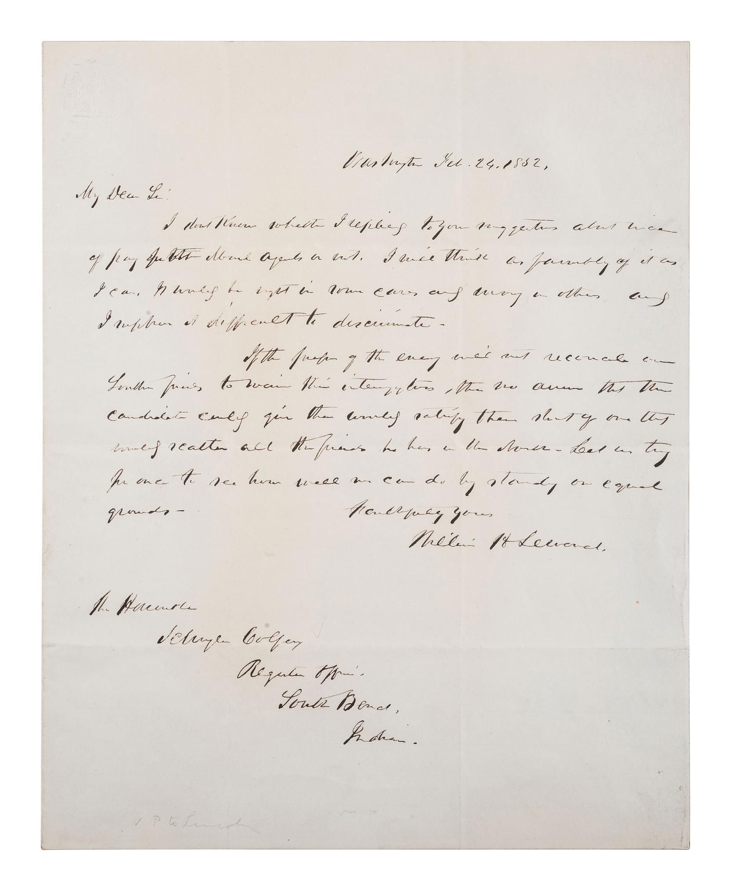 SEWARD, William H. ALS. Washington, 24 February 1852. Addressed to Schuyler Colfax, re. politics.