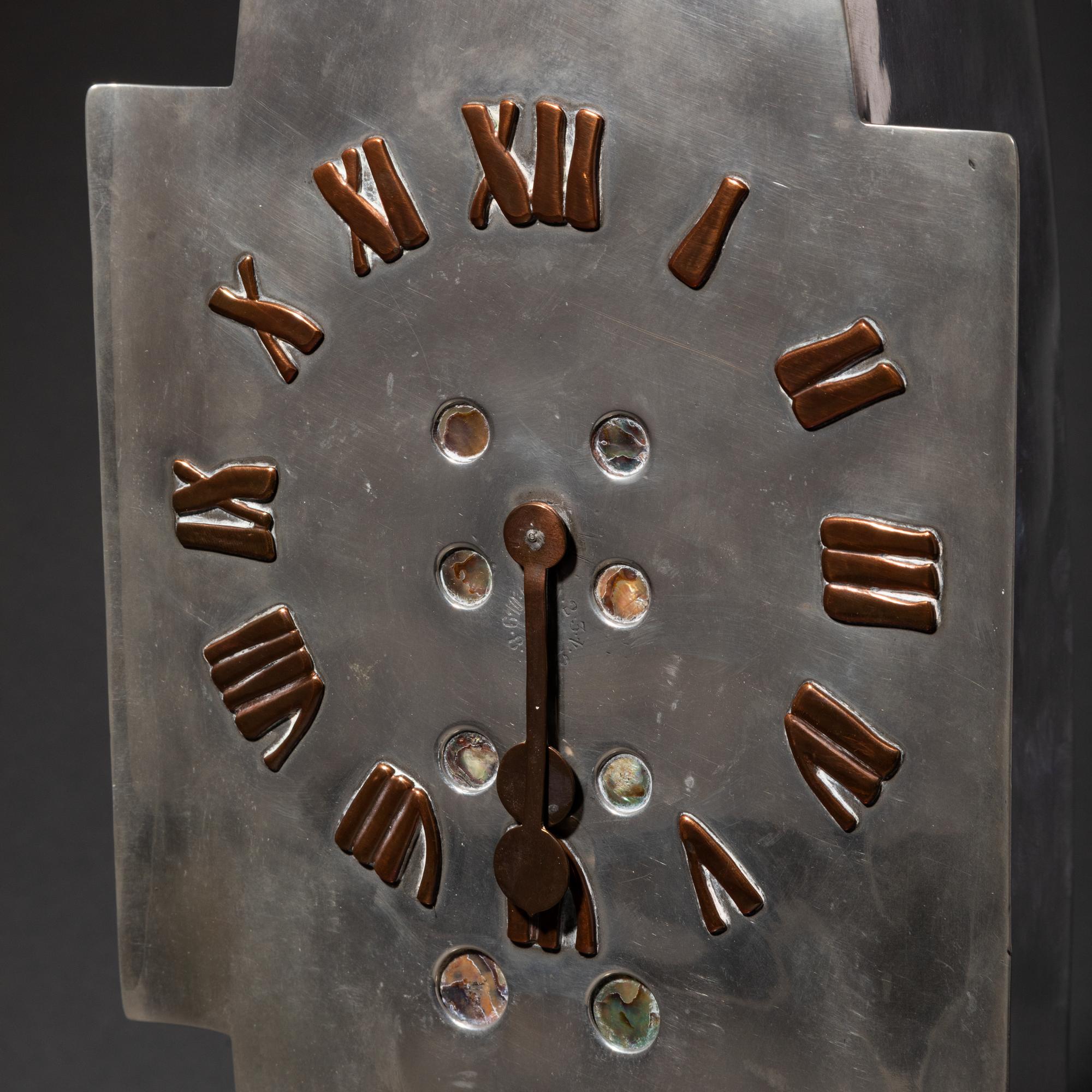 Important Tudric Pewter, Mother-of-Pearl and Copper Clock, c. 1905 Liberty & Co.
