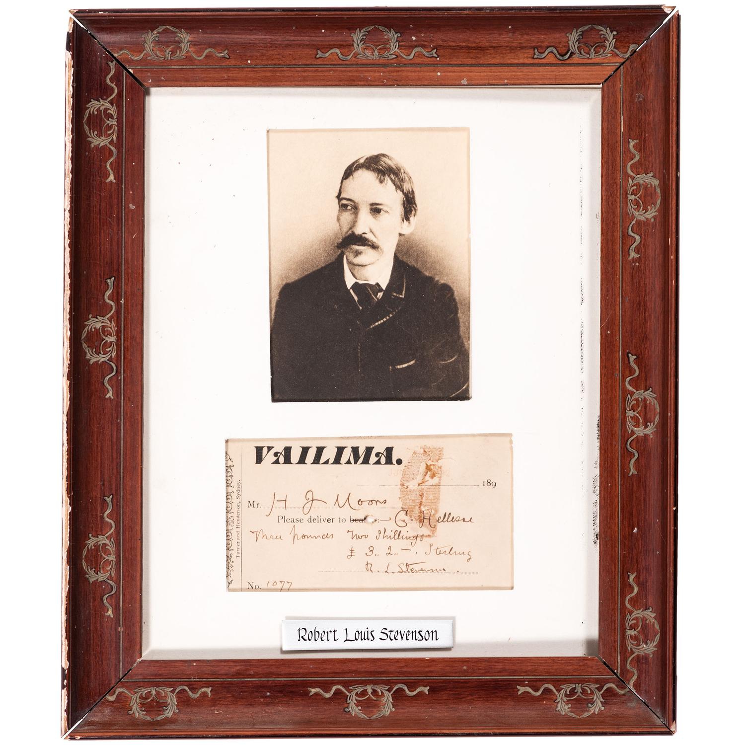 STEVENSON, Robert Louis (1850-1894). Partly-printed check signed ("R.L. Stevenson"). [Samoa?], 1892.