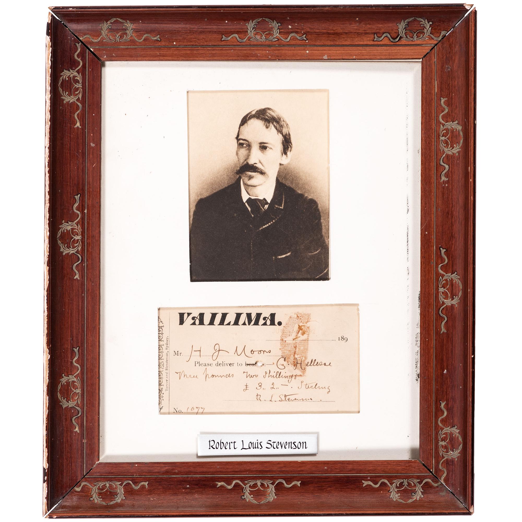 STEVENSON, Robert Louis (1850-1894). Partly-printed check signed ("R.L. Stevenson"). [Samoa?], 1892.