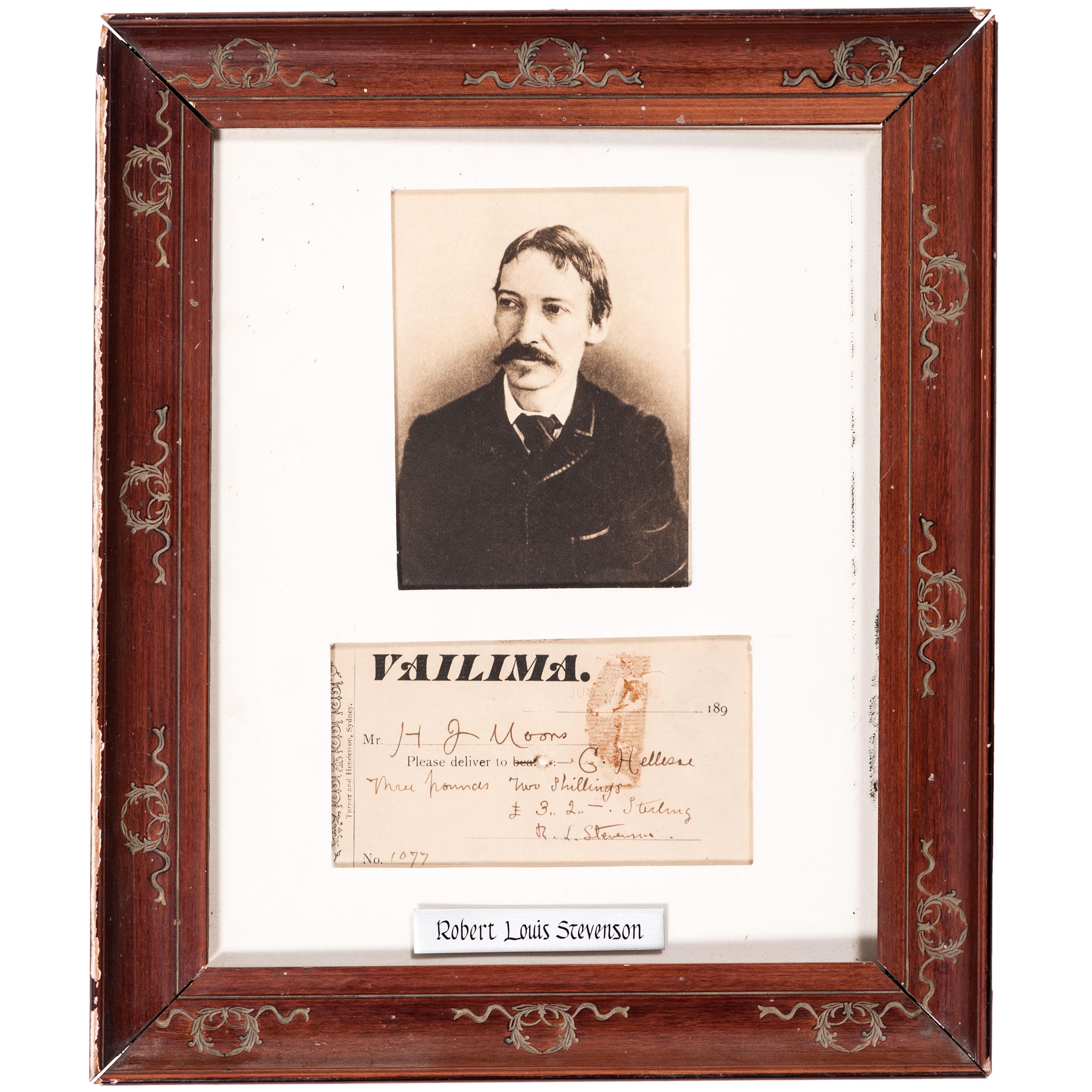 STEVENSON, Robert Louis (1850-1894). Partly-printed check signed ("R.L. Stevenson"). [Samoa?], 1892.
