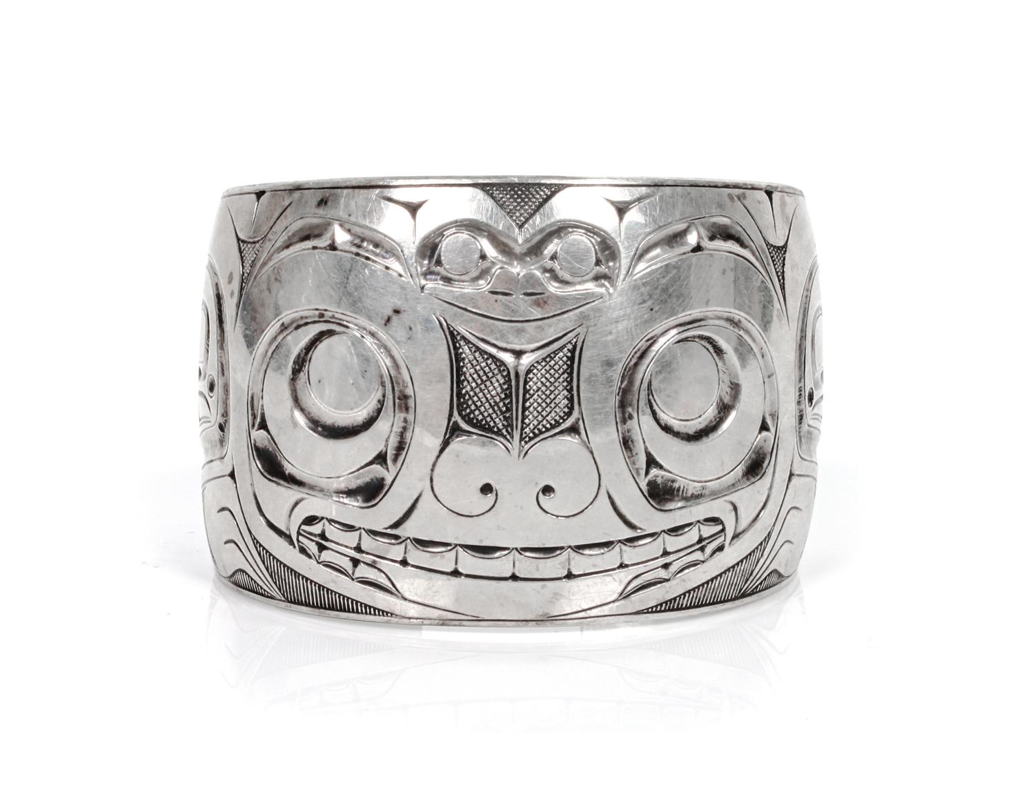 A Heida Silver Cuff Bracelet Length 7 3/8 x opening 3/4 x width 1 3/4 inches.