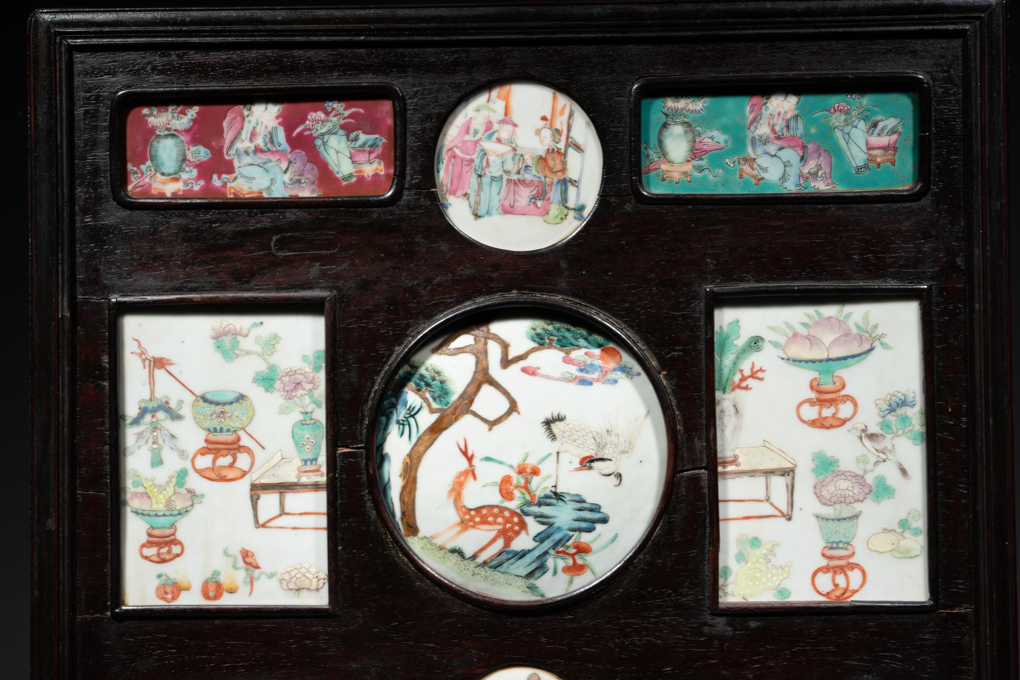 A Chinese Famille Rose Porcelain Inset Hardwood Table Screen