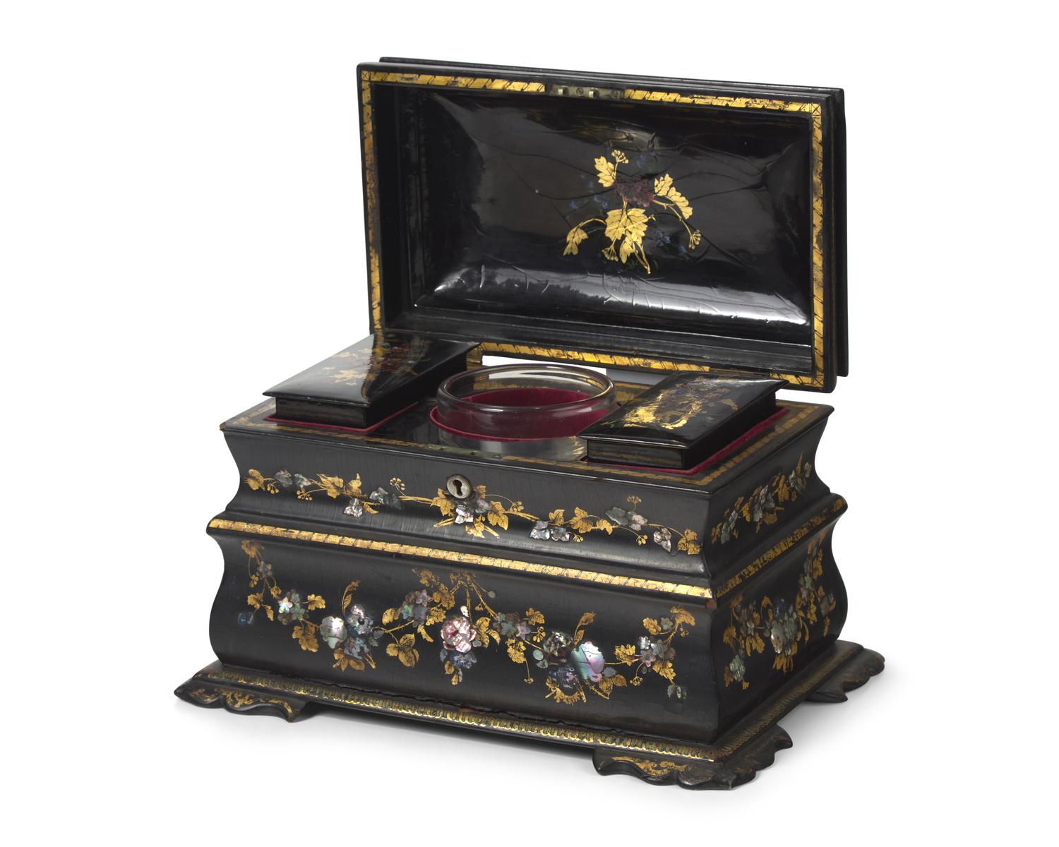 A Victorian Mother-of-Pearl Inlaid and Gilt-Decorated Black Lacquer Tea Caddy