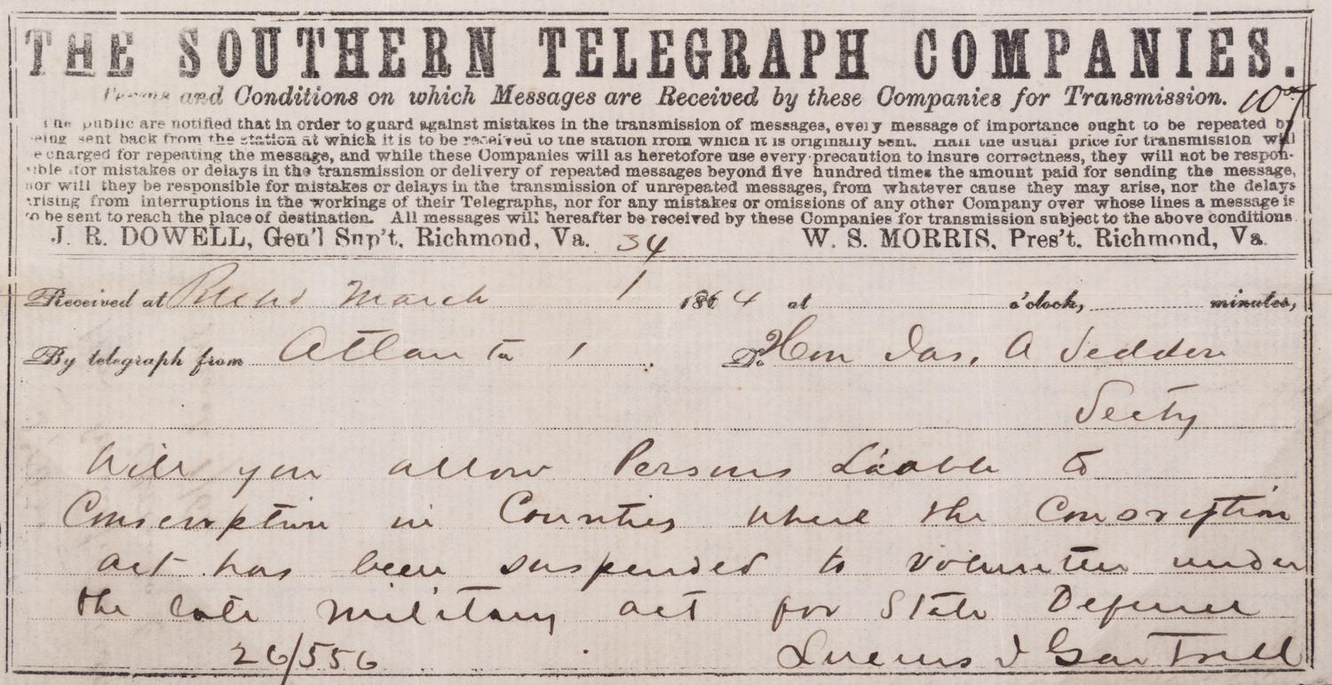 (CIVIL WAR; SOUTH CAROLINA) Three telegrams sent between Dec. 12, 1862 and March 1, 1864.