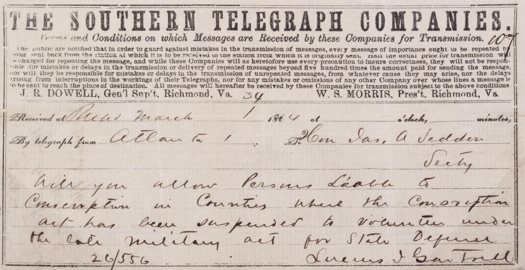(CIVIL WAR; SOUTH CAROLINA) Three telegrams sent between Dec. 12, 1862 and March 1, 1864.