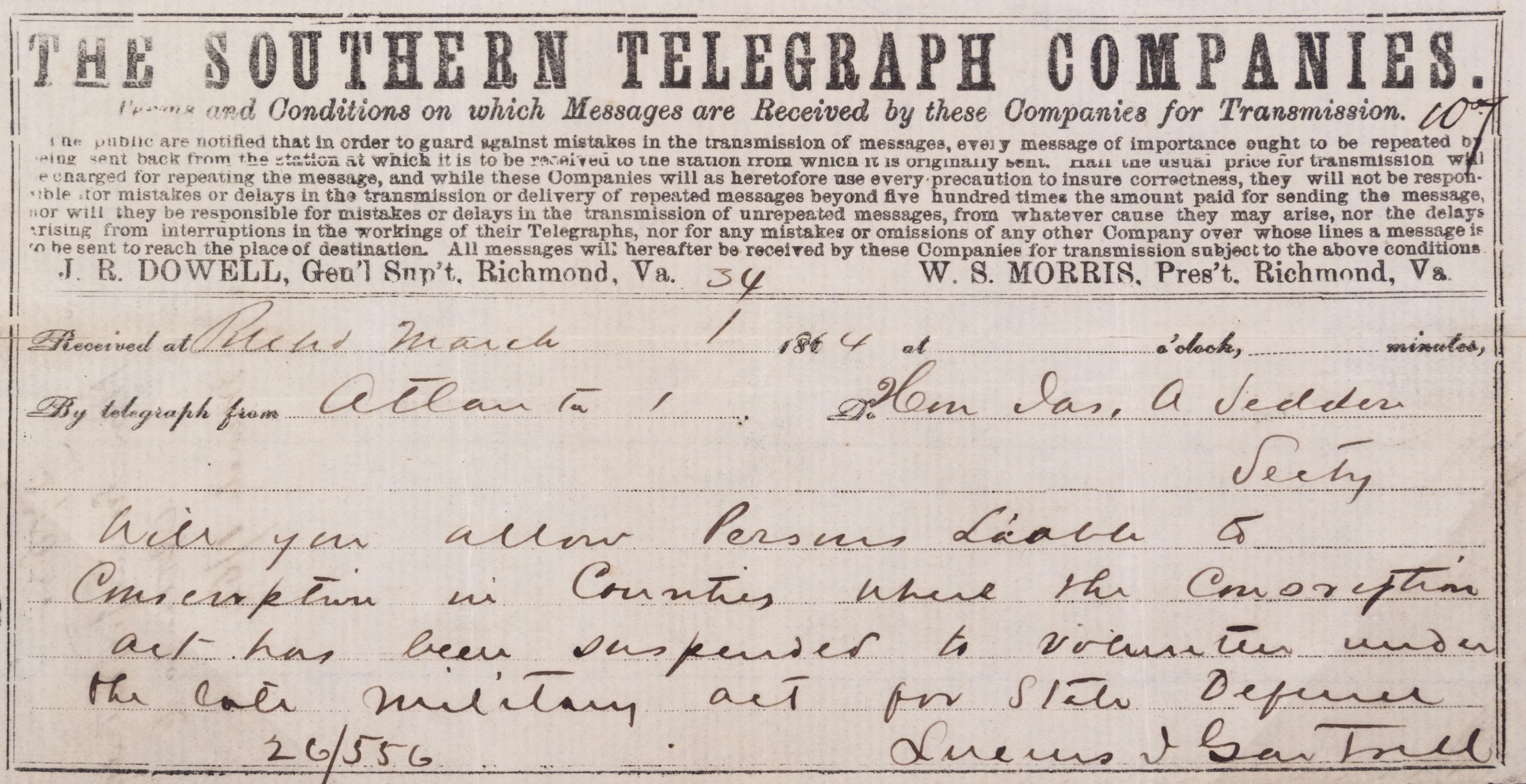 (CIVIL WAR; SOUTH CAROLINA) Three telegrams sent between Dec. 12, 1862 and March 1, 1864.