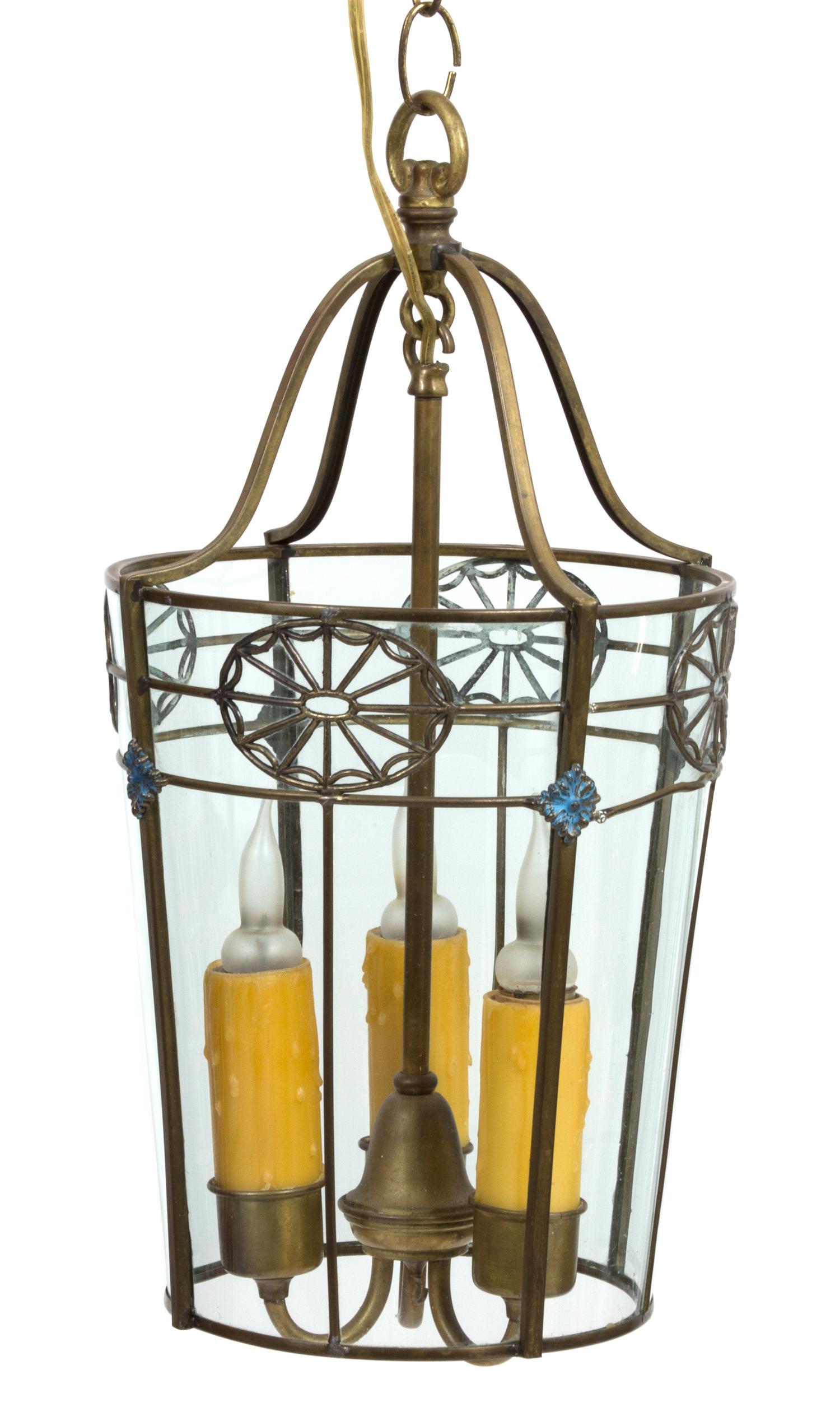 A Regency Style Gilt Metal and Glass Three-Light Lantern Height 17 inches. — 20TH CENTURY
