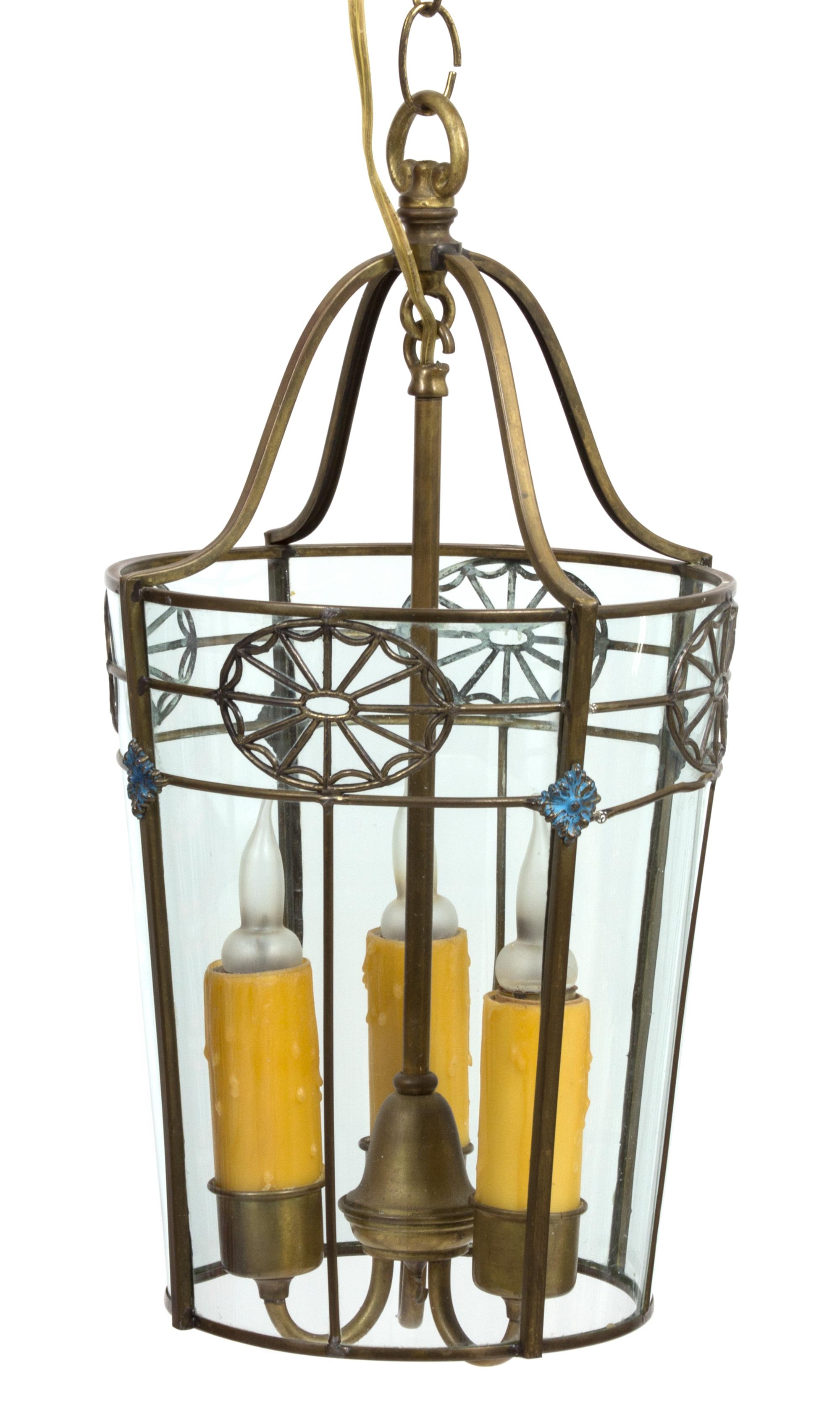 A Regency Style Gilt Metal and Glass Three-Light Lantern Height 17 inches. — 20TH CENTURY