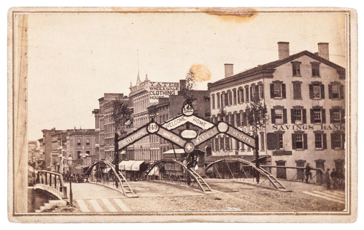 BONTA & CURTISS, photographers. CDV of the Civil War homecoming arch made to welcome Syracuse regiments back from war. Syracuse, NY.