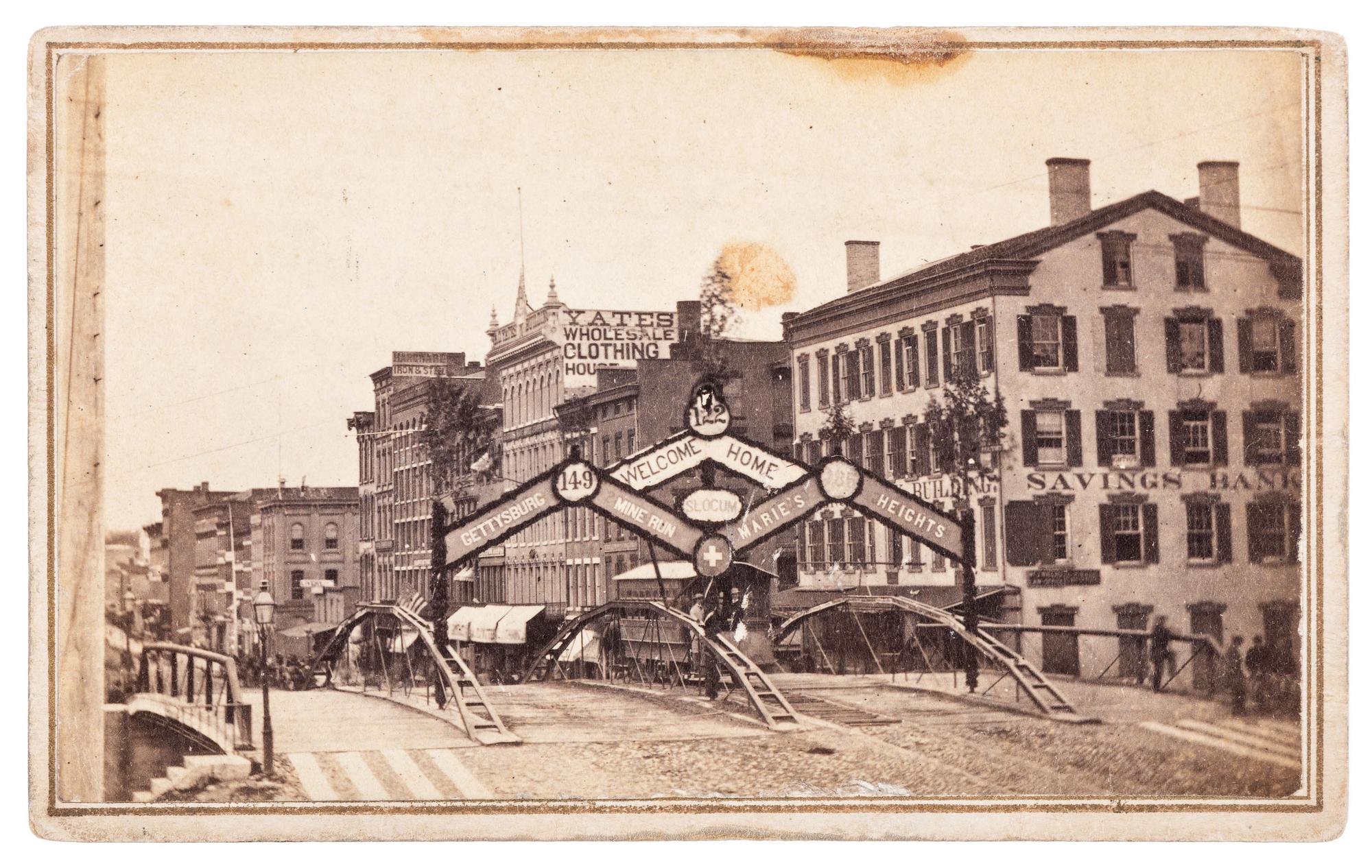 BONTA & CURTISS, photographers. CDV of the Civil War homecoming arch made to welcome Syracuse regiments back from war. Syracuse, NY.
