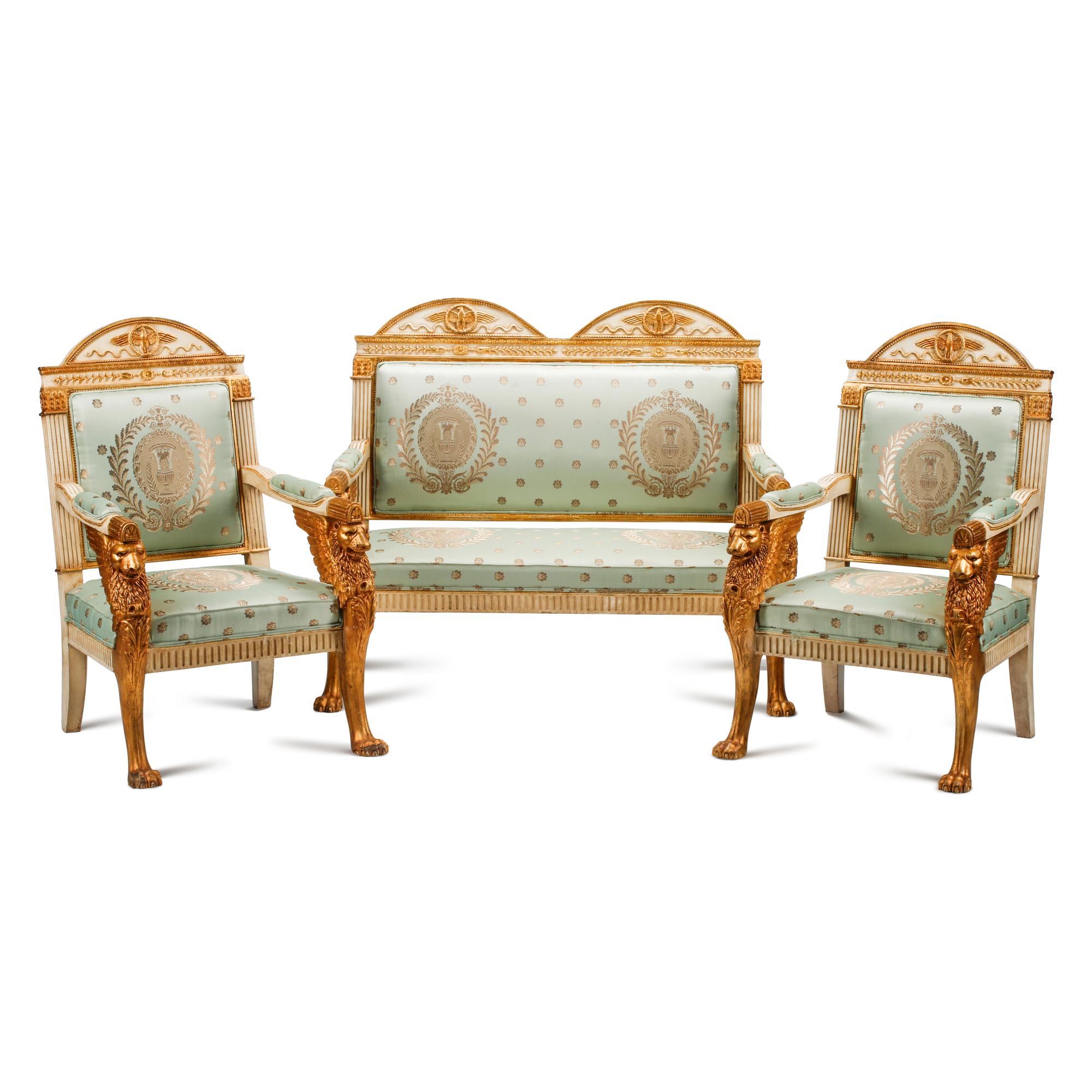 An Italian Neoclassical Style Painted and Parcel Gilt Three-Piece Seating Suite