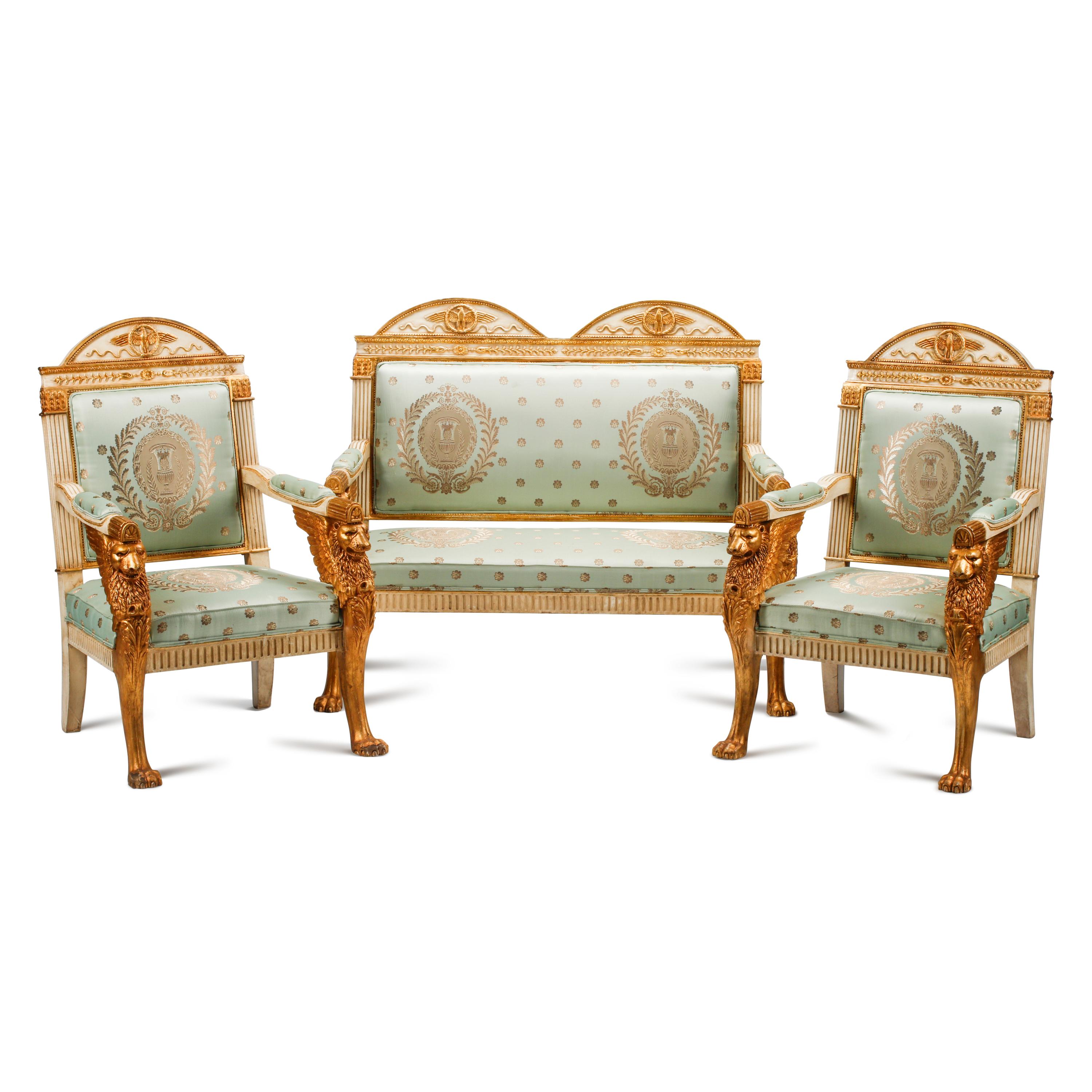 An Italian Neoclassical Style Painted and Parcel Gilt Three-Piece Seating Suite