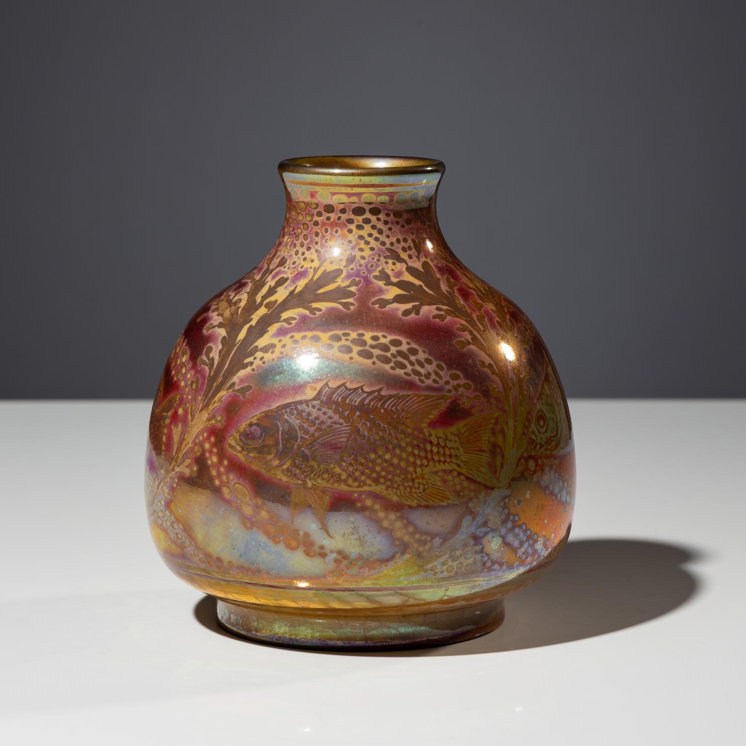 Lancastrian luster vase with fish decor, c. 1920