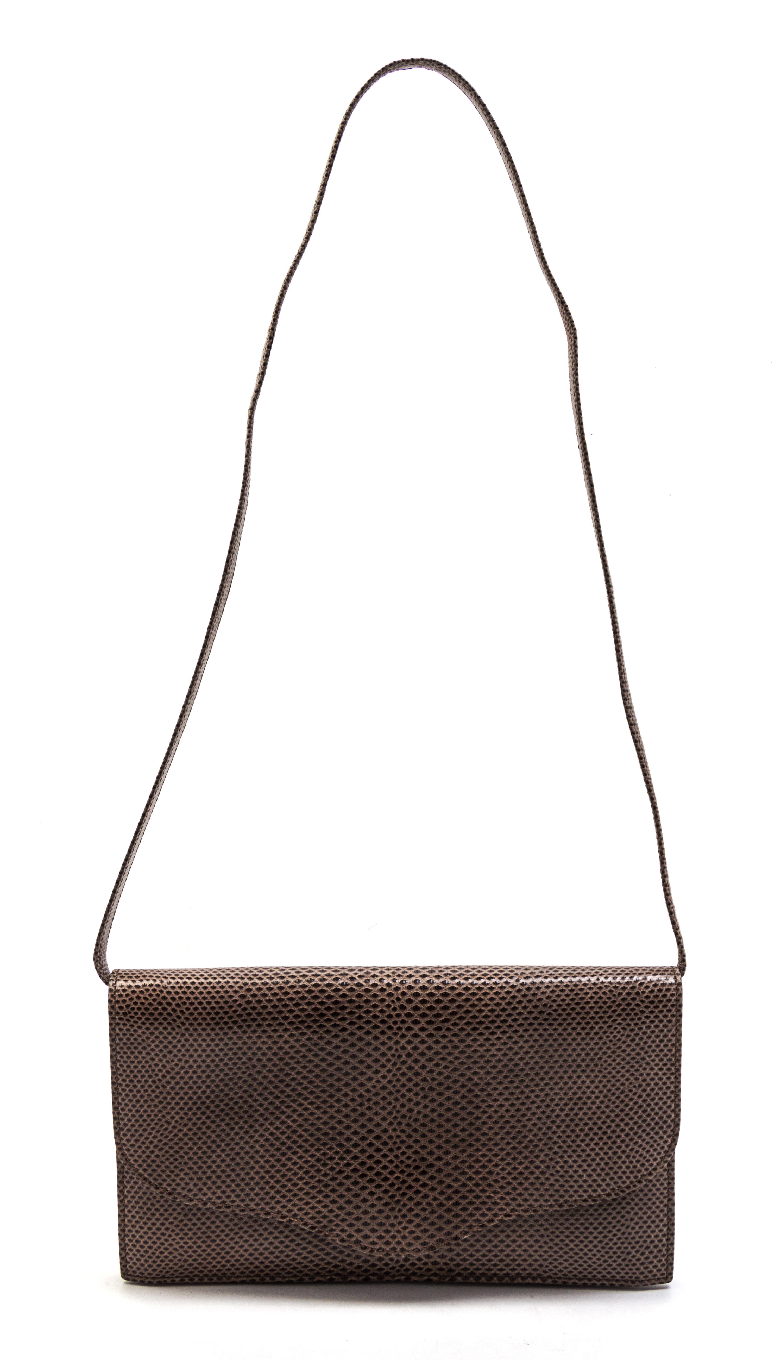 An Hermes Taupe Lizardskin Convertible Clutch, 8 1/2 x 5 x 1 inches.