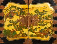 An Edwardian Polychromed Lacquer and Parcel Gilt Chinoiserie Cabinet on Stand