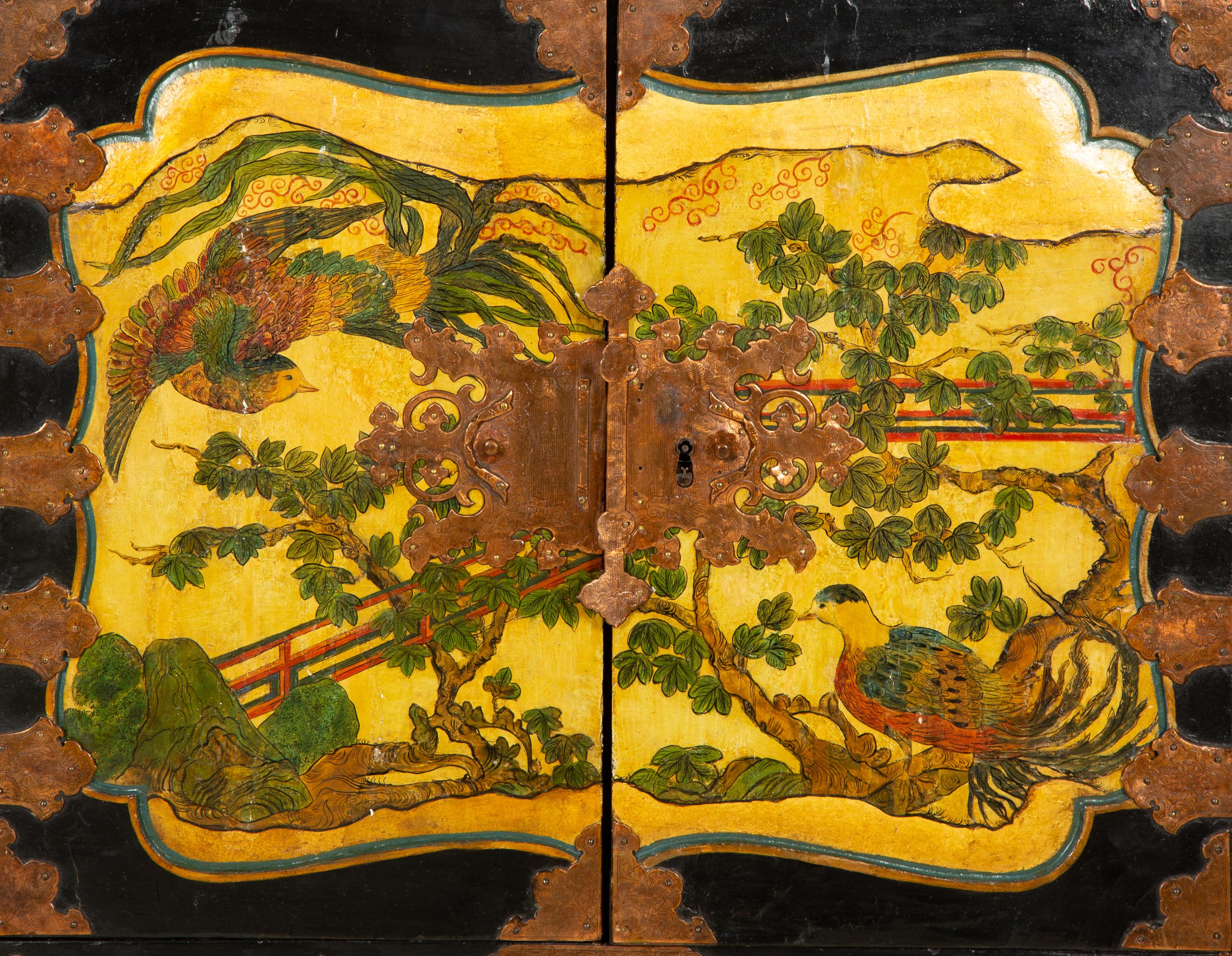 An Edwardian Polychromed Lacquer and Parcel Gilt Chinoiserie Cabinet on Stand