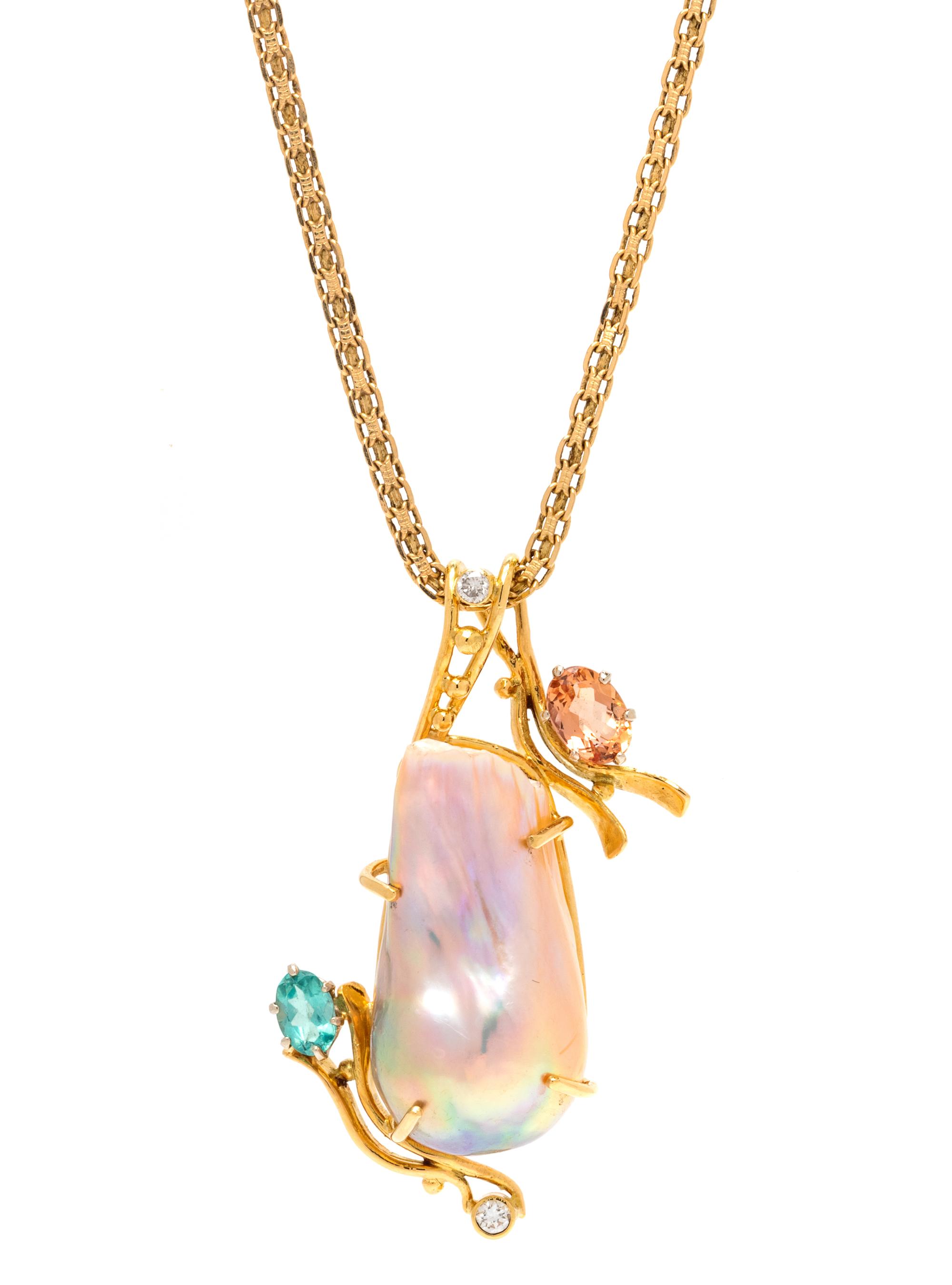 A Yellow Gold, Cultured Baroque Pearl, Diamond and Gemstone Simulant Pendant/Necklace,