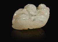 A Chinese white jade figural group with carved hardwood stand 白玉人物與木座