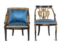 Two Empire Style Parcel Gilt Ebonized Armchairs