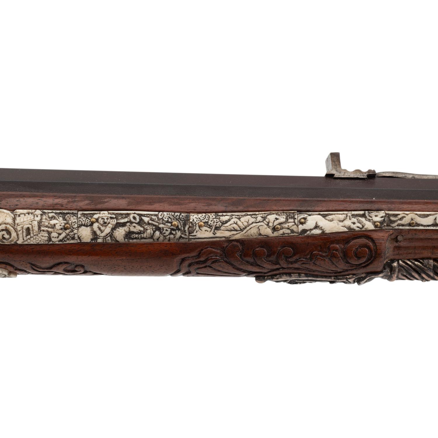 Contemporary Flintlock Jaeger Rifle with Actaeon and Hunting Motifs by John B. Derrick (American, b.1936)