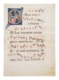 CIRCLE OF THE MASTER OF IMOLA (active Emilia Romagna, c. 1265-1280) Single leaf with historiated initial ‘S’ with Christ the Redeemer from an Antiphonal, in Latin, illuminated manuscript on parchment [Italy, Bologna or Emilia, c. 1275]