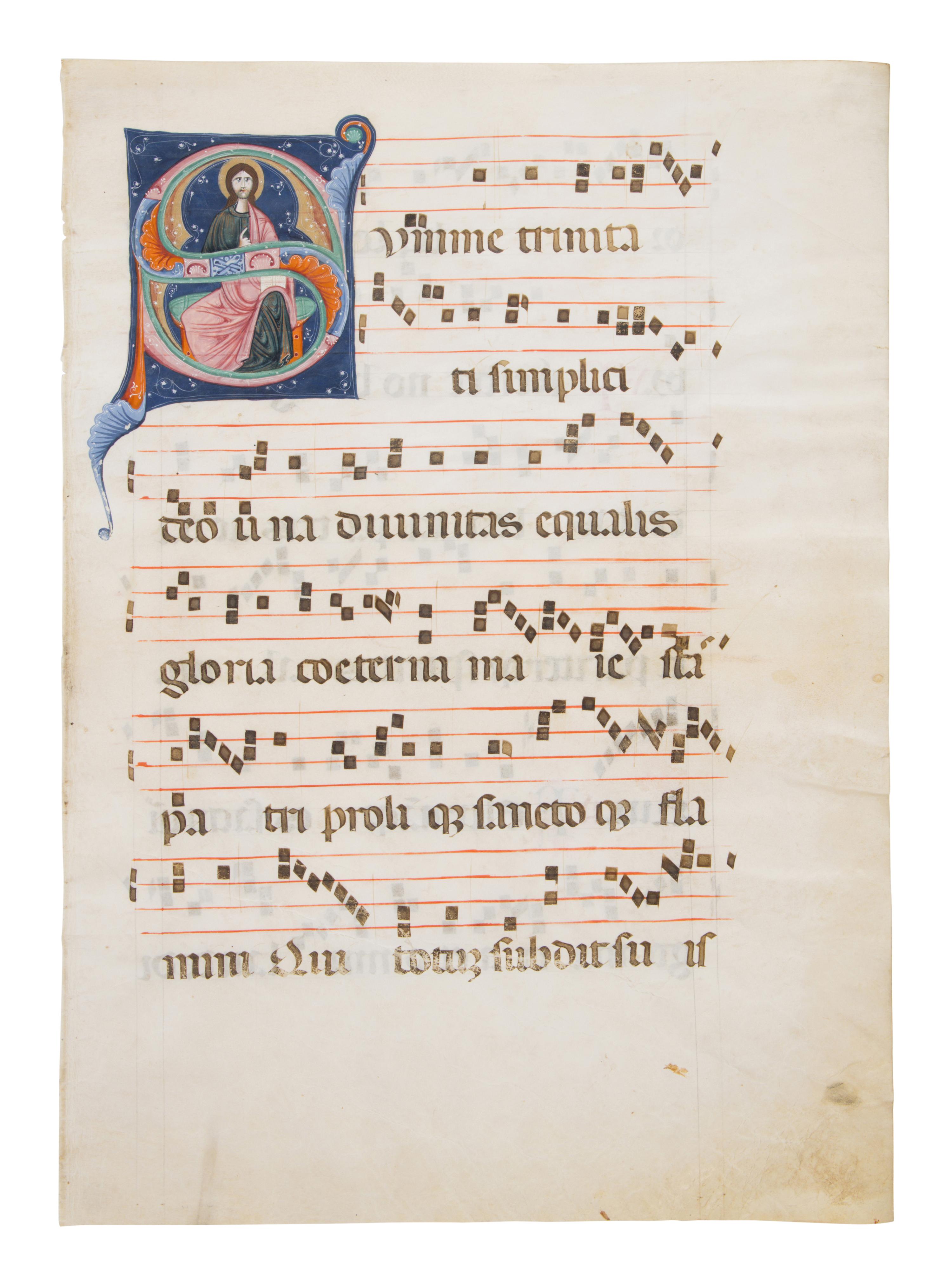 CIRCLE OF THE MASTER OF IMOLA (active Emilia Romagna, c. 1265-1280) Single leaf with historiated initial ‘S’ with Christ the Redeemer from an Antiphonal, in Latin, illuminated manuscript on parchment [Italy, Bologna or Emilia, c. 1275]