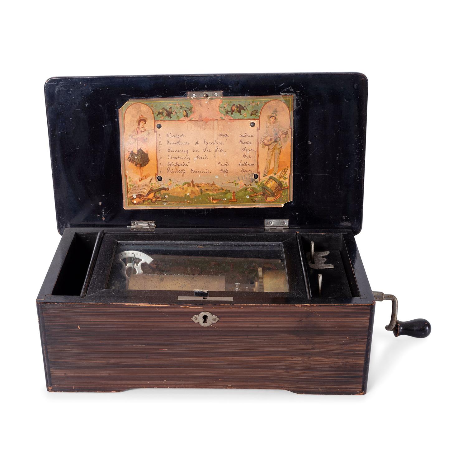 A Six Tune Cylinder Swiss Music Box with Rosewood Case