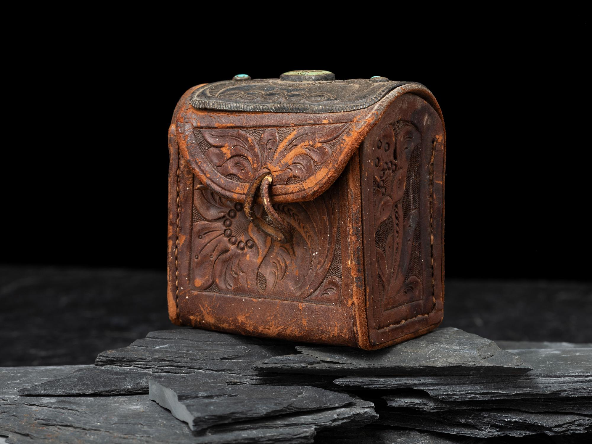Western Tooled Leather Box, with Navajo Silver and Turquoise Concha