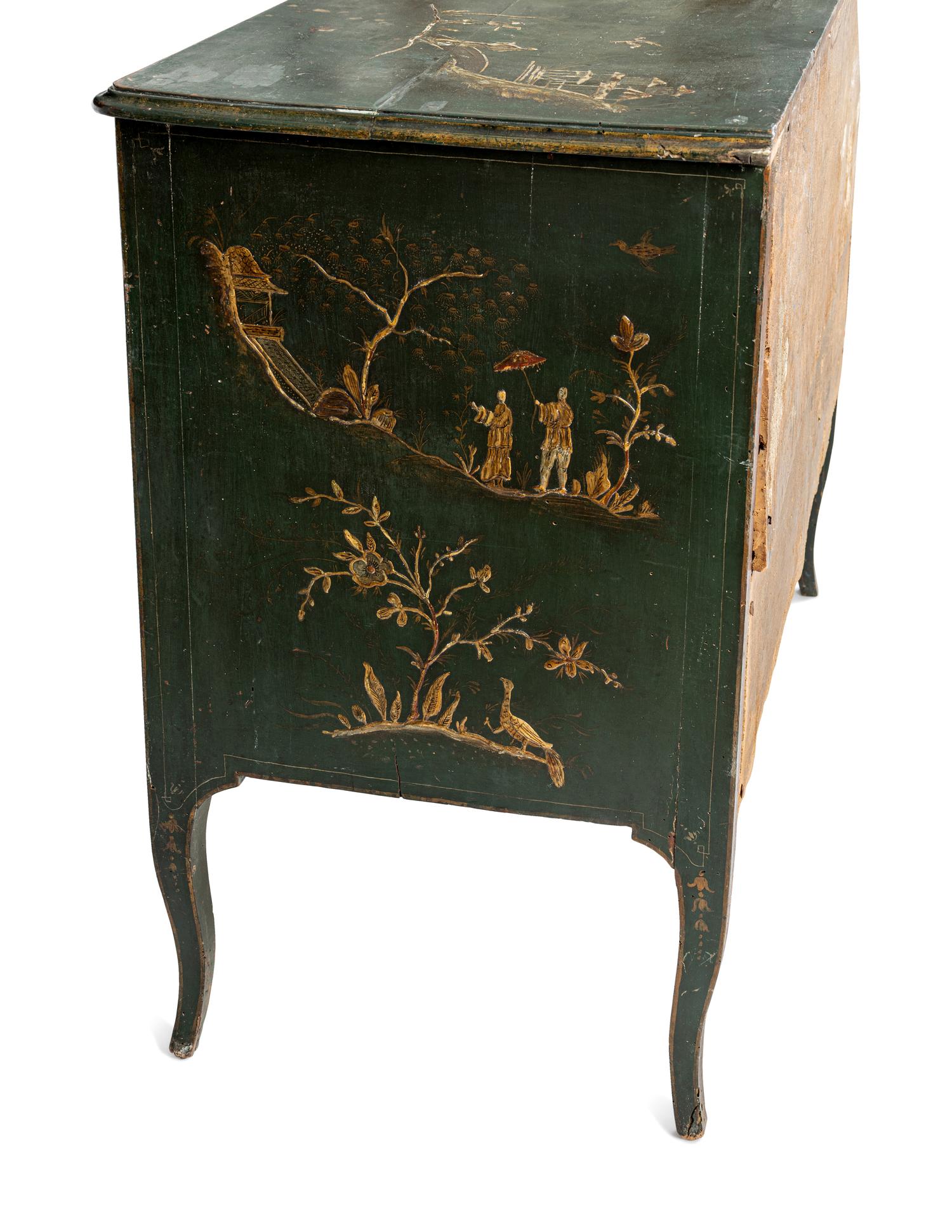 A North Italian Green Japanned Three-Drawer Commode